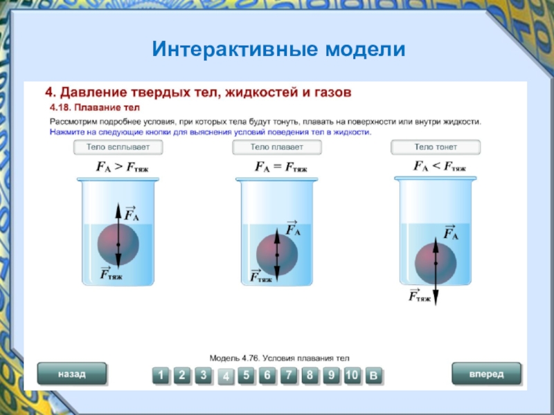 Лабораторная работа плавание тел физика. Интерактивные модели по физике. Давление твердых тел, жидкости и газов. Плавание тел.". Интерактивное моделирование. Интерактивная модель 9 класс.