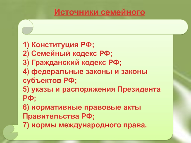 Понятие и источники семейного права презентация 11 класс