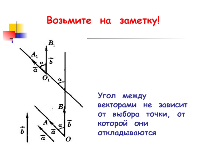 Угол между векторами не зависит от выбора точки, от которой они откладываютсяВозьмите на заметку!