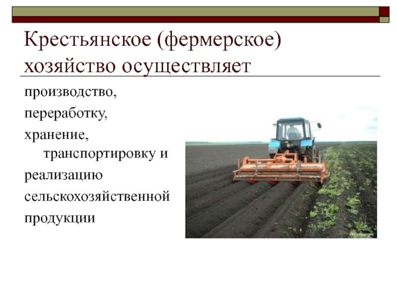 Крестьянское (фермерское) хозяйство осуществляетпроизводство,переработку,хранение, транспортировку иреализациюсельскохозяйственнойпродукции