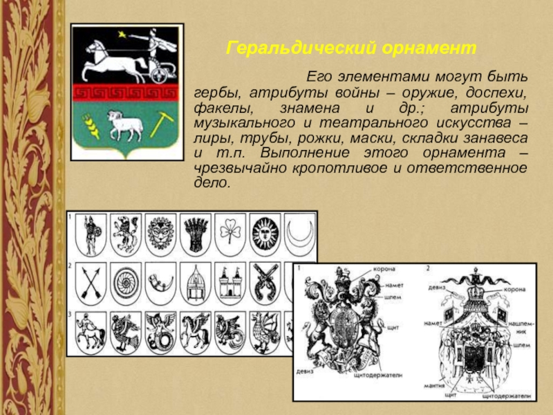 Орнамент герба. Построить геральдический орнамент. Атрибуты герба. Построение геральдических орнаментов. Сложная атрибутика гербов и знамен.