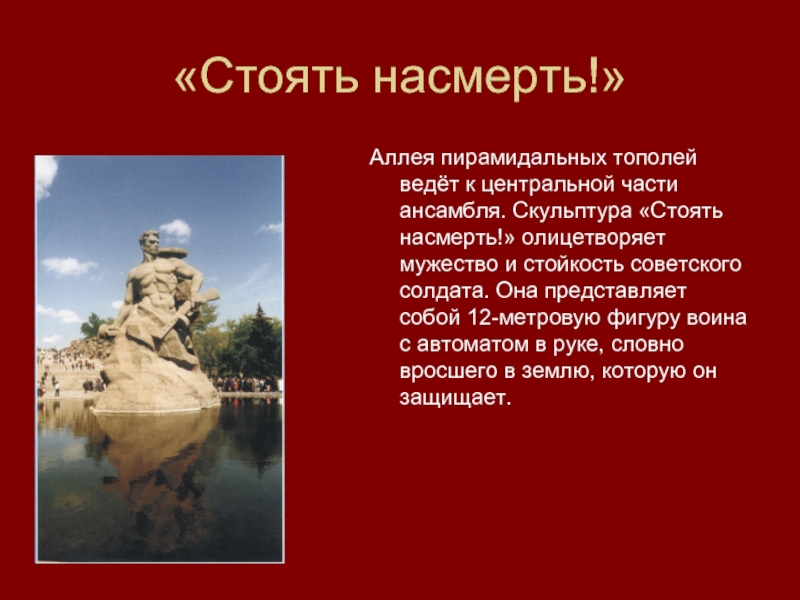 «Стоять насмерть!»Аллея пирамидальных тополей ведёт к центральной части ансамбля. Скульптура «Стоять насмерть!» олицетворяет мужество и стойкость советского