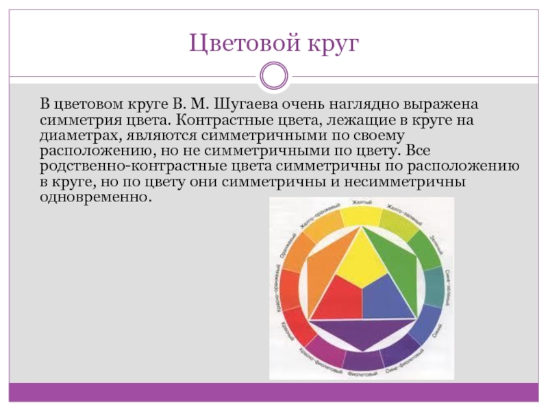 Цветовой кругВ цветовом круге В. М. Шугаева очень наглядно выражена симметрия цвета. Контрастные цвета, лежащие в круге