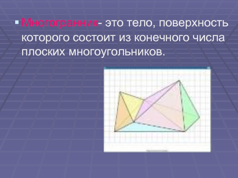 Многогранник- это тело, поверхность которого состоит из конечного числа плоских многоугольников.