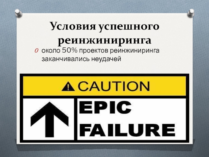 Условия успешного реинжинирингаоколо 50% проектов реинжиниринга заканчивались неудачей