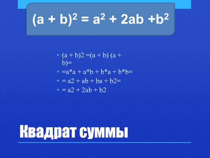 Квадрат суммы(a + b)2 =(a + b) (a + b)==a*a + a*b + b*a + b*b== a2
