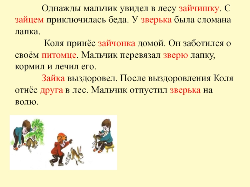 Однажды мальчик увидел в лесу зайчишку. С зайцем приключилась беда. У