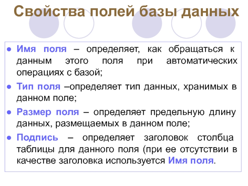 Дайте определение типам данных. Характеристики поля в базе данных. Характеристики поля базы данных. Свойства полей базы данных. Перечислите свойства полей базы данных.