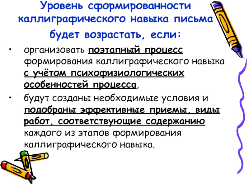 Задачи навыка письма. Формирование каллиграфических навыков у младших школьников. Условия для формирования навыка каллиграфического письма. Методы формирования навыков письма. Уровень сформированности каллиграфического письма.