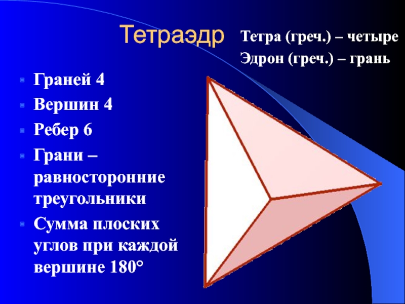 4 ребра 4 вершины. Число граней сходящихся в одной вершине тетраэдра. Плоский угол. У тетраэдра 4 ребра и 4 грани. На грани и без грани.