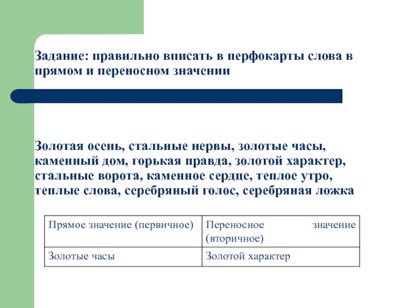 Задание значений. Каменный в переносном значении. Правильно вписать в перфокарты слова в прямом и переносном значении. Предложение с золотым характером. Каменное сердце переносное значение.