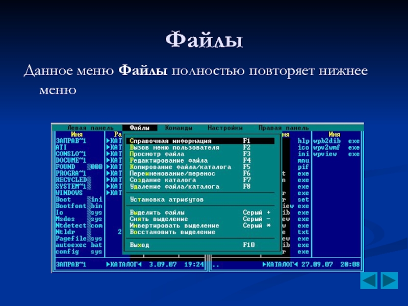 Нижнее меню. Программная оболочка Norton Commander. Меню Norton Commander. Управление панелями программной оболочки. Меню файл.