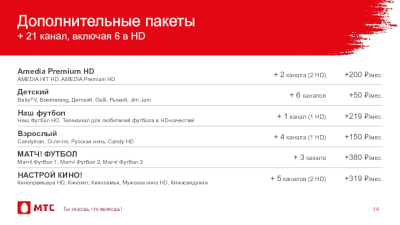 Дополнительные пакеты + 21 канал, включая 6 в HD