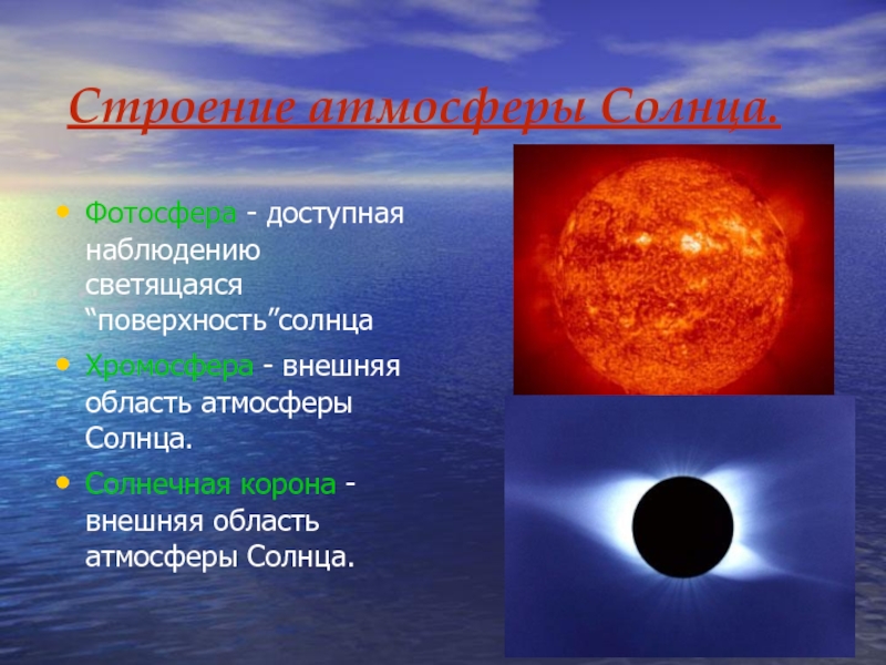 Строение атмосферы Солнца.Фотосфера - доступная наблюдению светящаяся “поверхность”солнцаХромосфера - внешняя область атмосферы Солнца.Солнечная корона -внешняя область атмосферы