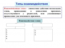 Типы взаимодействия генов
Взаимодействие генов - совместное действие нескольких