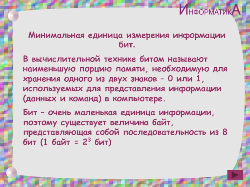 В вычислительной технике наименьшую порцию памяти компьютера необходимую