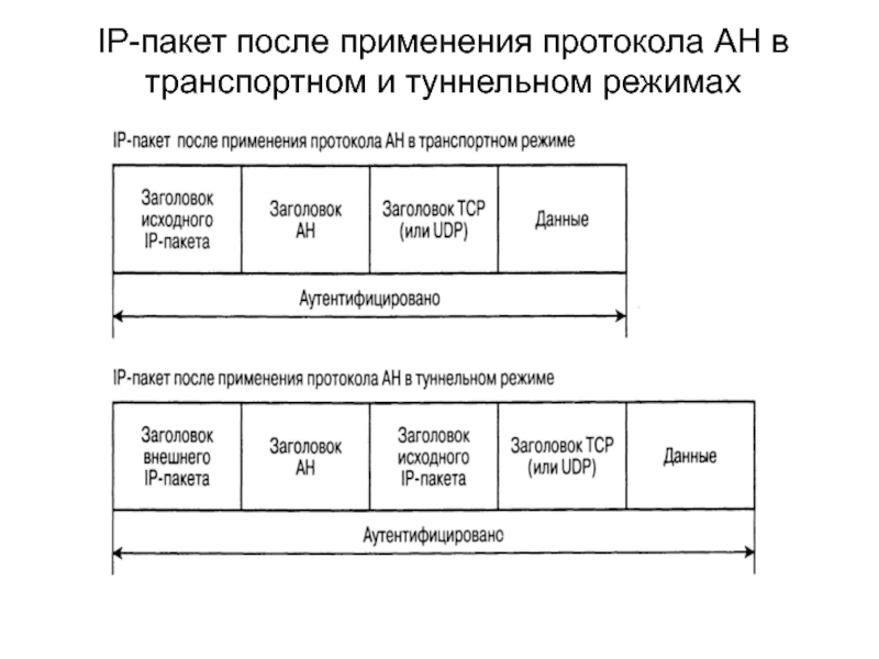 Транспортный режим. Туннельный IP пакет. Протокол АН. Структура заголовка протокола АН. Протоколы применения на объекте.