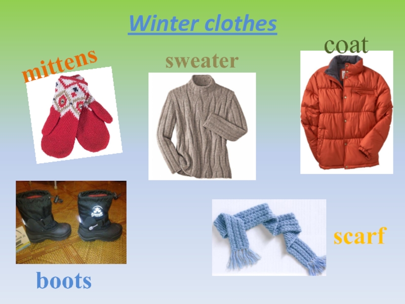 Winter clothesmittenssweatercoatbootsscarf