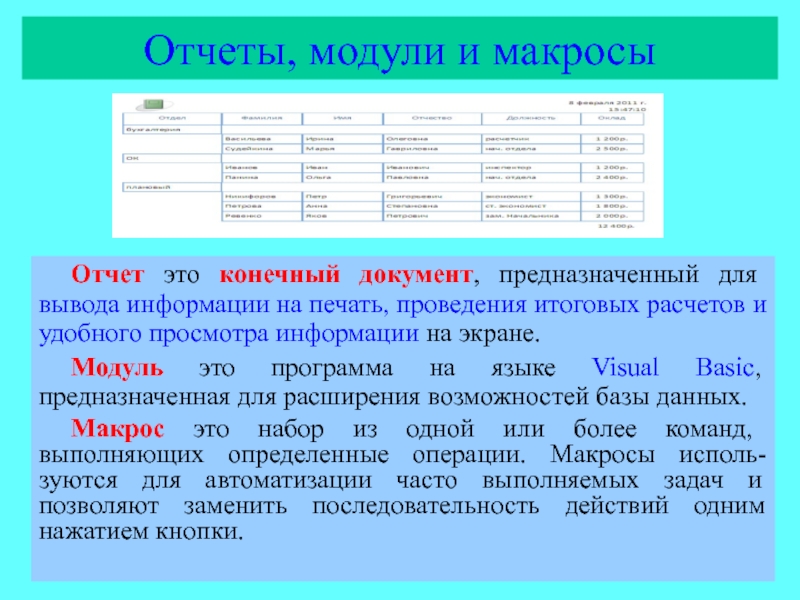 Модуль отчета. Макросы и модули. Модуль отчетов. Это документ предназначенный для вывода на печать. Для чего служат отчеты макросы модули.