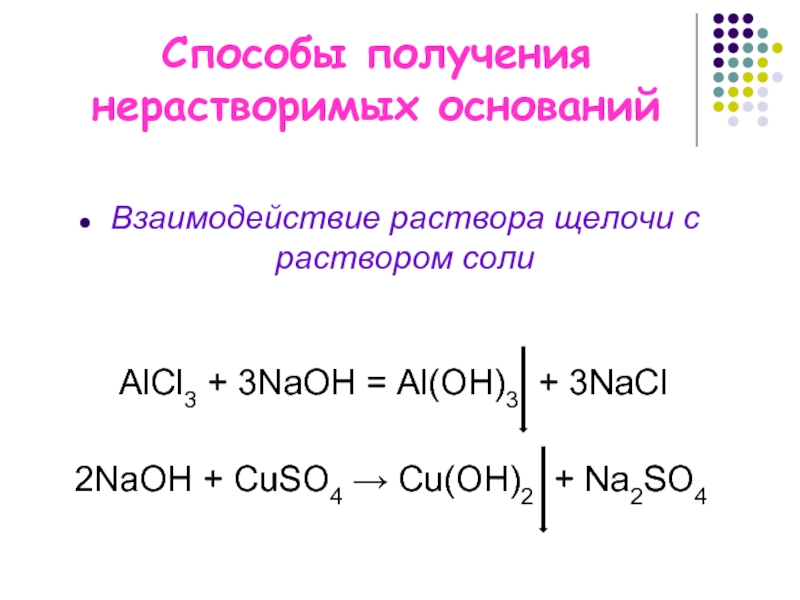 Способы получения нерастворимых основанийВзаимодействие раствора щелочи с раствором солиАlCl3 + 3NaOH = Al(OH)3 + 3NaCl2NaОН + CuSO4