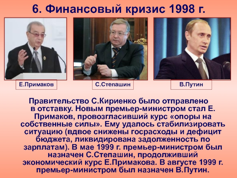 6. Финансовый кризис 1998 г. Правительство С.Кириенко было отправлено