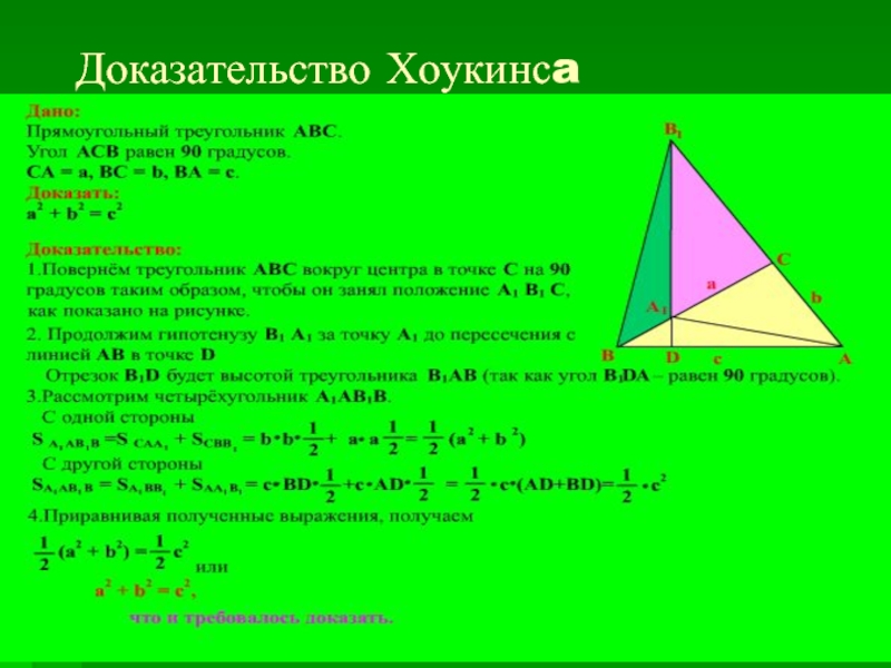 Объяснить доказать. Доказательство Хоукинса теоремы Пифагора. Доказательство теоремы Пифагора методом Хоукинса. Докво Хоукинса. Теорема Пифагора доказательство 8 класс разные способы.