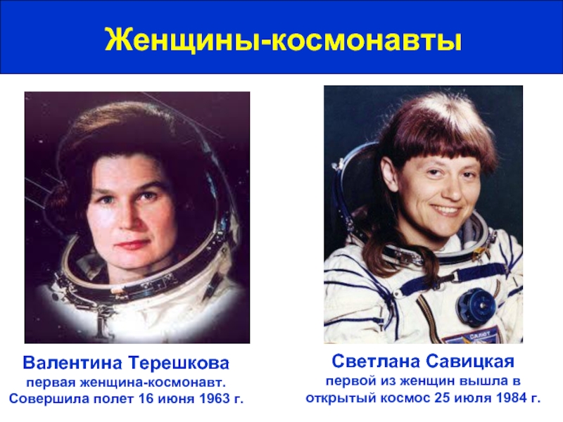 Женщины-космонавтыВалентина Терешкова первая женщина-космонавт. Совершила полет 16 июня 1963 г.Светлана Савицкая первой из женщин вышла в открытый
