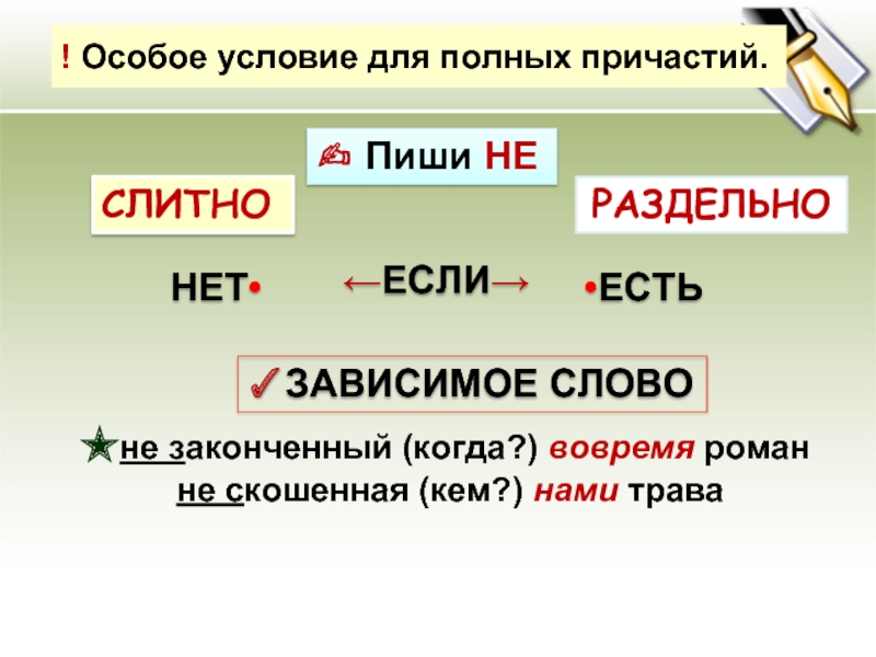 Есть зависимое слово. Зависимое слово у причастий. Нескошенная трава слитно или раздельно. Если есть Зависимое слово слитно или раздельно.