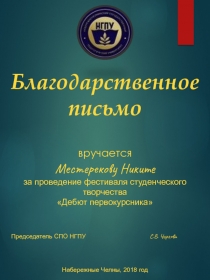 Благодарственное письмо
вручается
Местерекову Никите
за проведение фестиваля