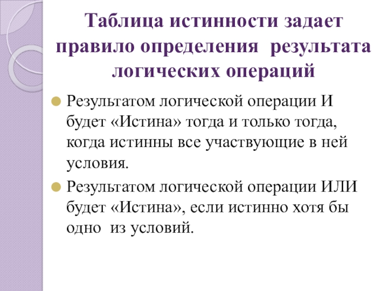 Таблица истинности задает правило определения результата логических операций Результатом логической операции И будет «Истина» тогда и только