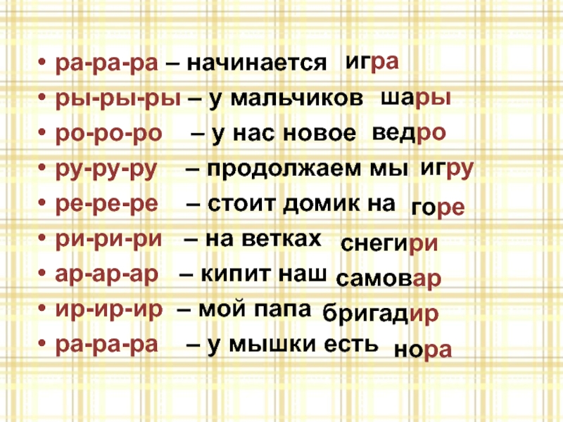 ра-ра-ра – начинается ры-ры-ры – у мальчиковро-ро-ро – у нас новоеру-ру-ру – продолжаем мыре-ре-ре