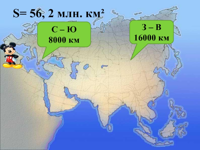 S= 56, 2 млн. км² С – Ю8000 кмЗ – В16000 км