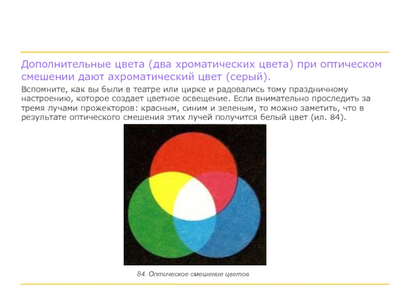 Дополнительные цвета (два хроматических цвета) при оптическом смешении дают ахроматический цвет (серый).Вспомните, как вы были в театре