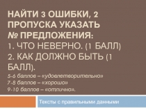 Найти 3 ошибкИ, 2 ПРОПУСКА указать № предложения: 1. что неверно. (1 балл) 2