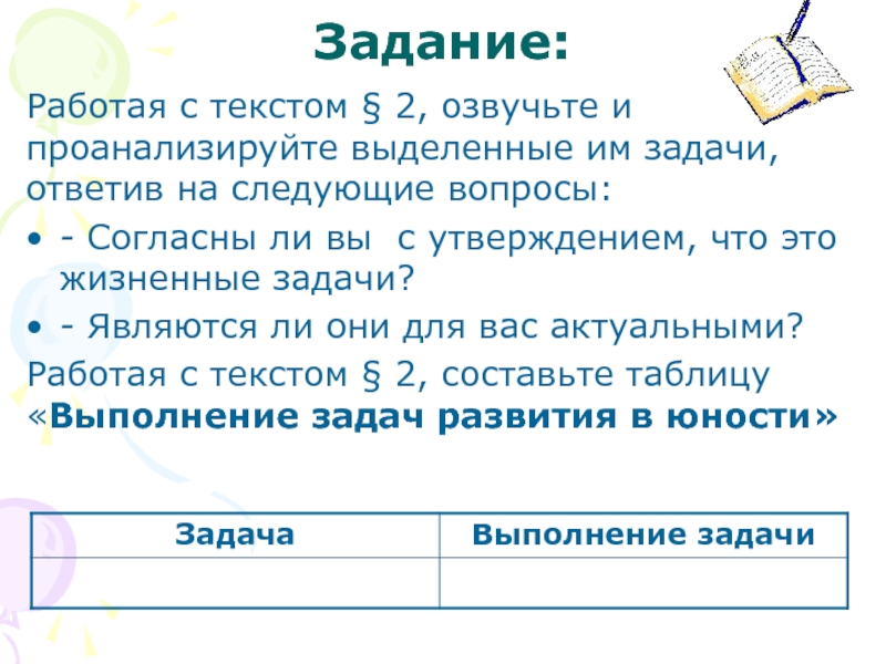 Работай по заданию. Работа с текстом задания. Вопросы и задания для работы с текстом. Задачи юности. Задание ответить на следующие вопросы для урока.