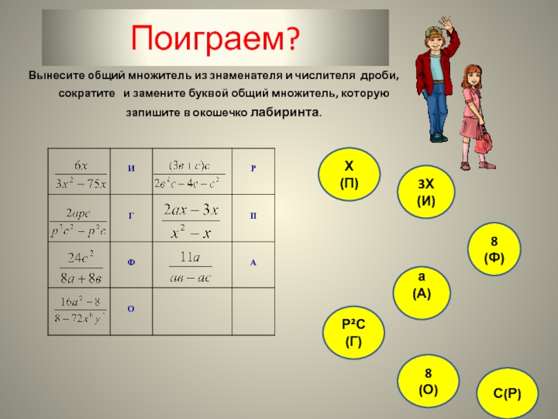 Множитель дробей. Вынести общий знаменатель. Общий множитель числителя и знаменателя дроби. Сокращение дробей с вынесением общего множителя. Вынесение общего множителя в дробях.