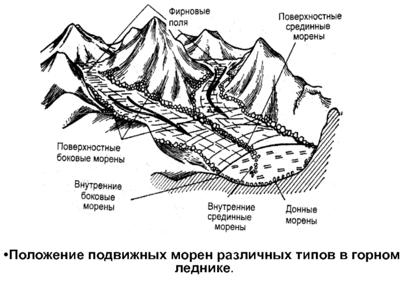 Части ледника. Морена ледниковая форма рельефа. Строение морены. Схема строения ледника Морена. Морены ледниковые схема.