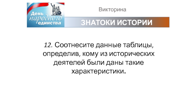 ВикторинаЗНАТОКИ ИСТОРИИ12. Соотнесите данные таблицы, определив, кому из исторических деятелей были даны такие характеристики.