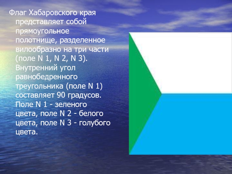 Флаг Хабаровского края представляет собой прямоугольное полотнище, разделенное вилообразно на три части (поле N 1, N