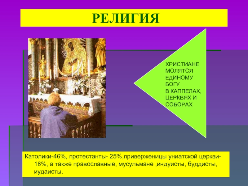 РЕЛИГИЯКатолики-46%, протестанты- 25%,приверженицы униатской церкви- 16%, а также православные,
