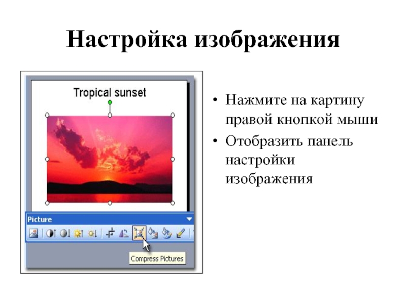 Настройка изображенияНажмите на картину правой кнопкой мышиОтобразить панель настройки изображения