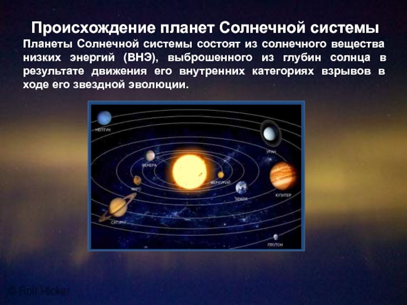 Происхождение планет Солнечной системыПланеты Солнечной системы состоят из солнечного вещества низких энергий (ВНЭ), выброшенного из глубин солнца