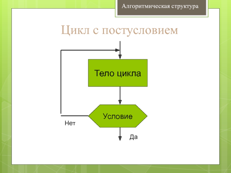 Строение цикла. Структура алгоритма с постусловием. Тело цикла в алгоритмической структуре. Алгоритмическая структура цикл. Структура цикла с постусловием.