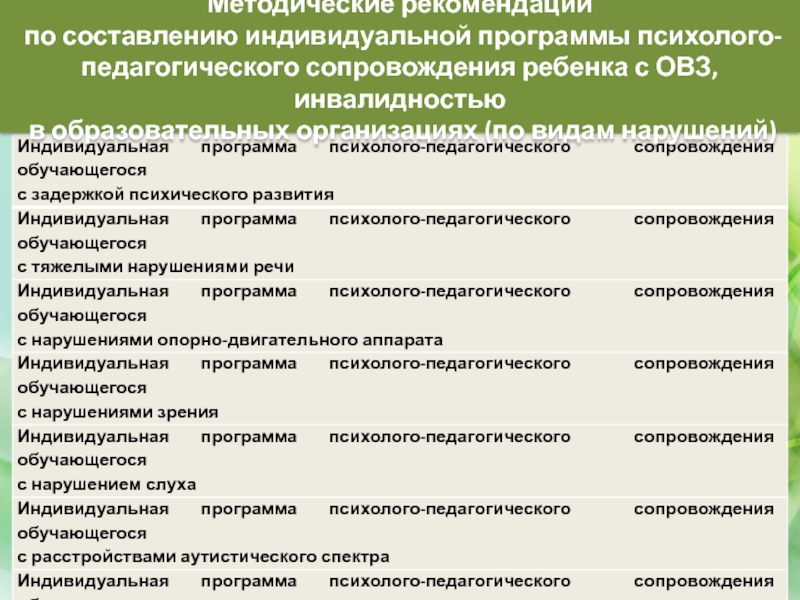 Индивидуальный план психолого педагогического сопровождения ребенка с овз пример