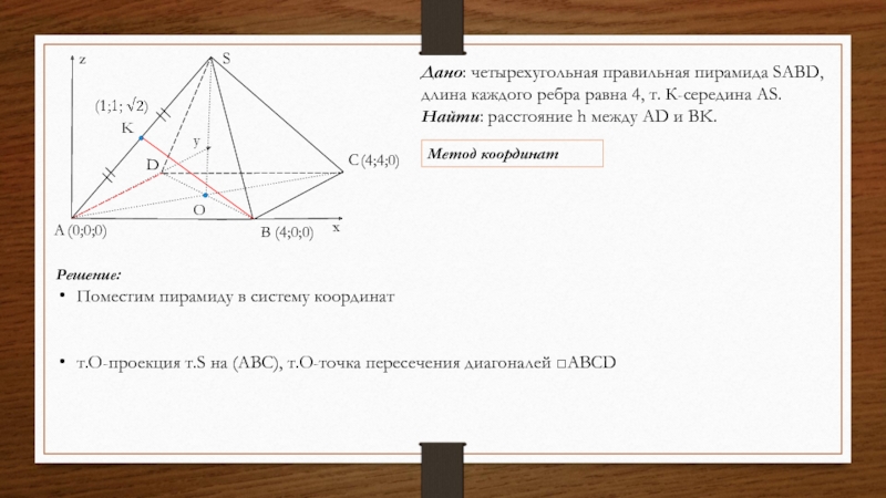 Дано: четырехугольная правильная пирамида SABD, длина каждого ребра равна 4, т. К-середина AS.Найти: расстояние h между AD