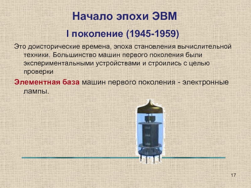 Начало эпохи ЭВМ I поколение (1945-1959)Это доисторические времена, эпоха становления вычислительной техники. Большинство машин первого поколения были
