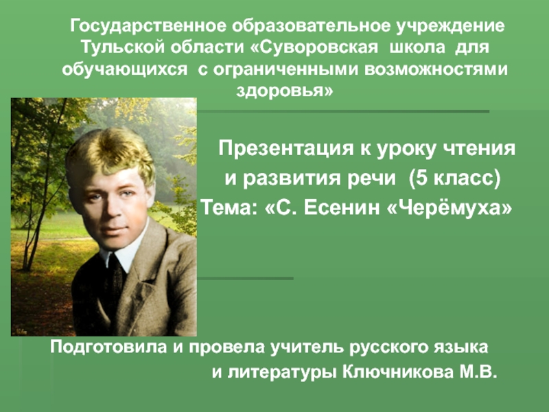Презентация к уроку чтения  и развития речи  (5 класс) Тема: С. Есенин Черёмуха