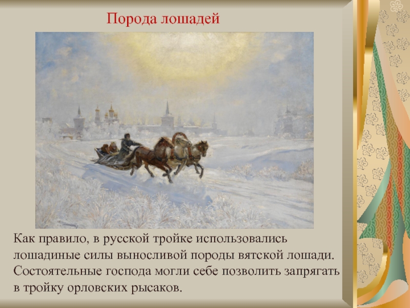 Порода лошадейКак правило, в русской тройке использовались лошадиные силы выносливой породы вятской лошади. Состоятельные господа могли себе
