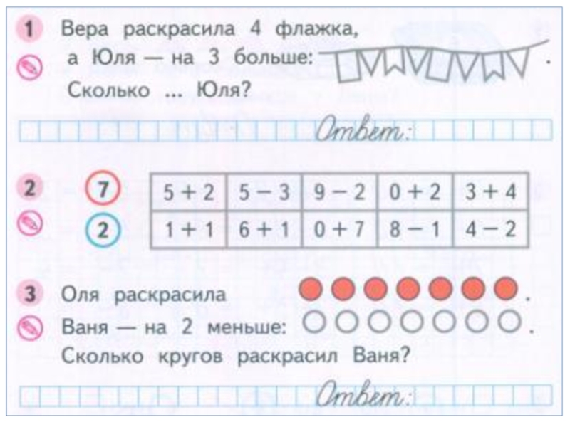 7 меньше 9. Таблицы для случаев вида □ + 5, 6, 7, 8, 9.. Вера раскрасила. Составлять таблицу для случаев вида + 5 6 7 8 9. Вера раскрасила 4 флажка, - на 3 больше:.