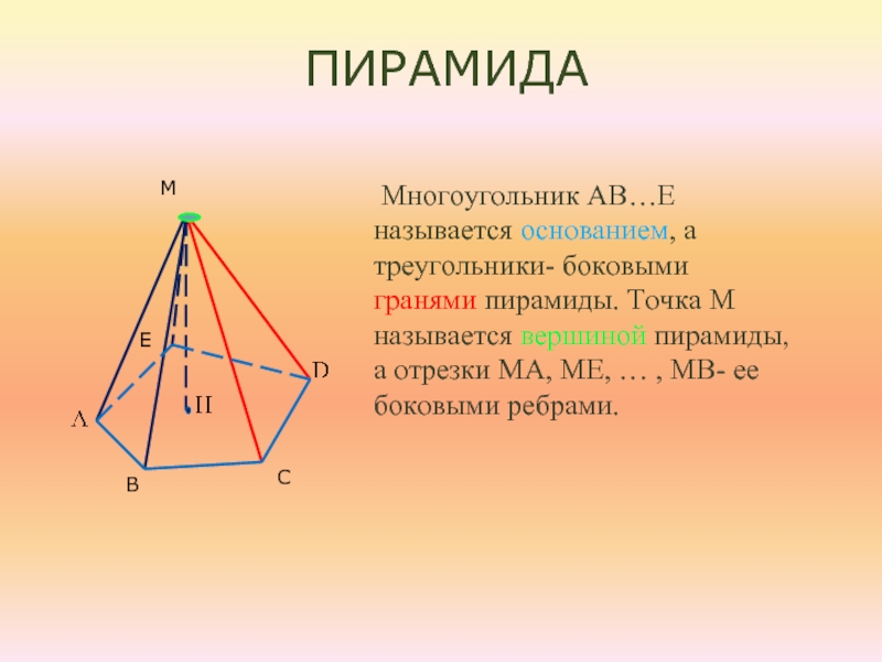 Многоугольник АВ…Е называется основанием, а треугольники- боковыми гранями пирамиды. Точка М называется вершиной пирамиды, а отрезки